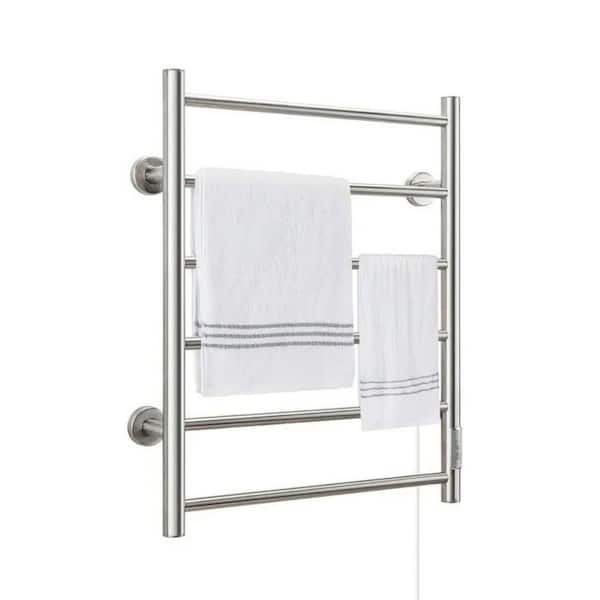 Unbranded 6-bar Heated Towel Warmer Drying Racks Wall Mounted with Timer Stainless Steel Plug-in or Hardwired in Silver