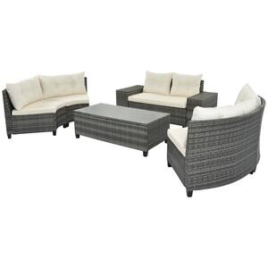 Natalie Gray 8-Piece Wicker Outdoor Curved Sectional Set with Beige Cushion and Rectangular Coffee Table