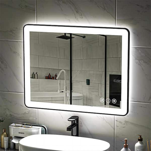 36 in. W x 28 in. H Rectangular Framed LED Anti-Fog Wall Mount Bathroom Mirror in Black with Backlit and Front Light