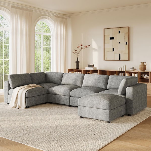 129 in. Chenille Modular Sectional Sofa in Gray with Ottoman