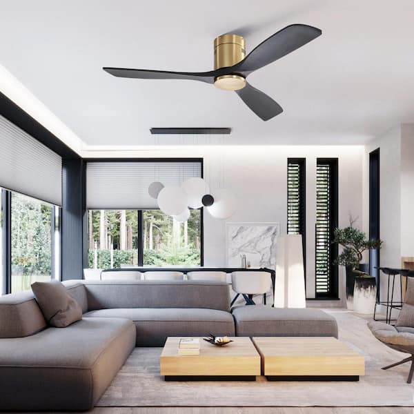52 in. Indoor/Outdoor Wood Flush Mount Gold Ceiling Fan without Light, 6-Speed DC Remote Control for Living Room