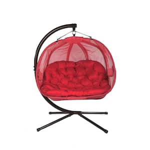 5.5 ft. x 4 ft. Free Standing Hanging Cushion Pumpkin Chair Hammock with Stand in Red Mesh