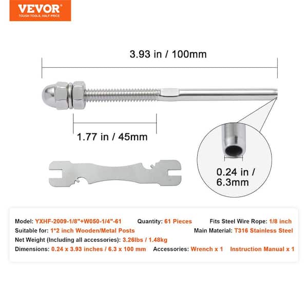 VEVOR 61 Pack Cable Railing Swage Threaded Stud Tension End Fitting Terminal for 1/8 in. Deck Cable Railing Stainless Steel
