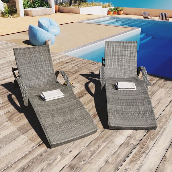 Unbranded 2-Piece Upgraded Gray Wicker Outdoor Chaise Lounge with Pull-out Side Table and Adjustable Backrest