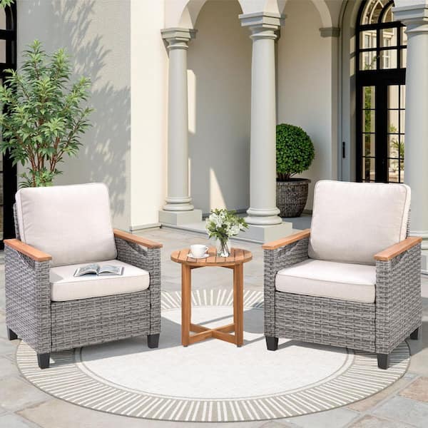Gray 3-Piece Wicker and Wood Outdoor Bistro Set with Round Coffee Table and Beige Cushions