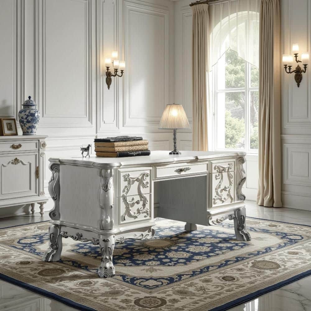 Aurora 37 in. Rectangular Bone White Wood 1-Drawer Writing Desk with Floral Carvings price history on PriceWatchPro
