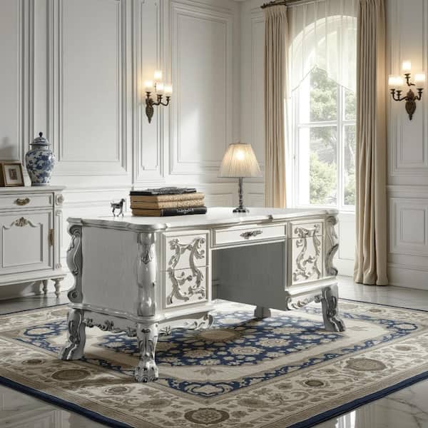 Benjara Aurora 37 in. Rectangular Bone White Wood 1-Drawer Writing Desk with Floral Carvings