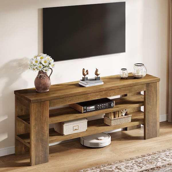 Ezlynn 47.2 in. Brown Wooden TV Stand with Storage Shelves, 3-Tier Rectangle TV Console Table Fits TVs up to 55 in.