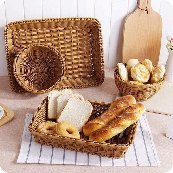Brown 2 Pack Plastic Woven Bread Basket Plastic Wicker Fruit Baskets 15.7 x 11.4 in. Imitation Rattan Food Serving Trays