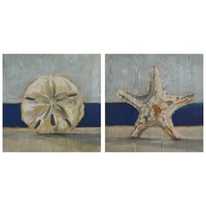 "Conch&Star Fish by the Sea" Fine Giclee Printed Directly on Hand Finished Ash Wood Wall Art 24 in. x 24 in. (Set of 2)