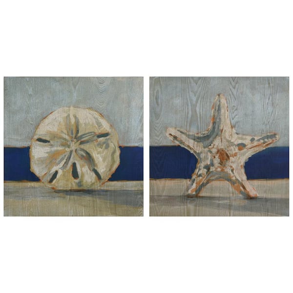 Unbranded "Conch&Star Fish by the Sea" Fine Giclee Printed Directly on Hand Finished Ash Wood Wall Art 24 in. x 24 in. (Set of 2)