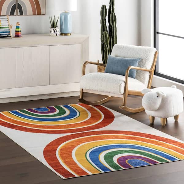 Matilda Kids Spill Proof Washable Double Rainbow White Multicolor 5 ft. x 8 ft. Indoor Area Rug