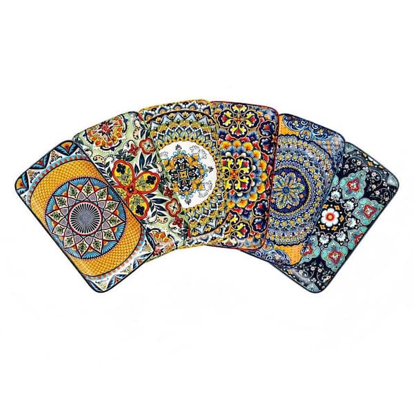 Bohemian, Multi-Colored, Microwave Oven Dishwasher Safe, 10 in. Rectangular Ceramic Dinner Plates, (Set of 6)