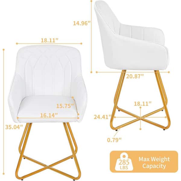 Upholstered Mid-Century Accent Chair with Gold Frame, White PU Leather Vanity Makeup Chair for Living Room or Bedroom