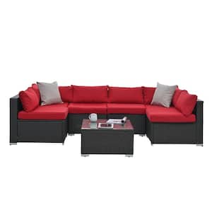 7-Piece Wickern Patio Outdoor Sectional Sofa Set with Glass Top Coffee Table and Red Cushions