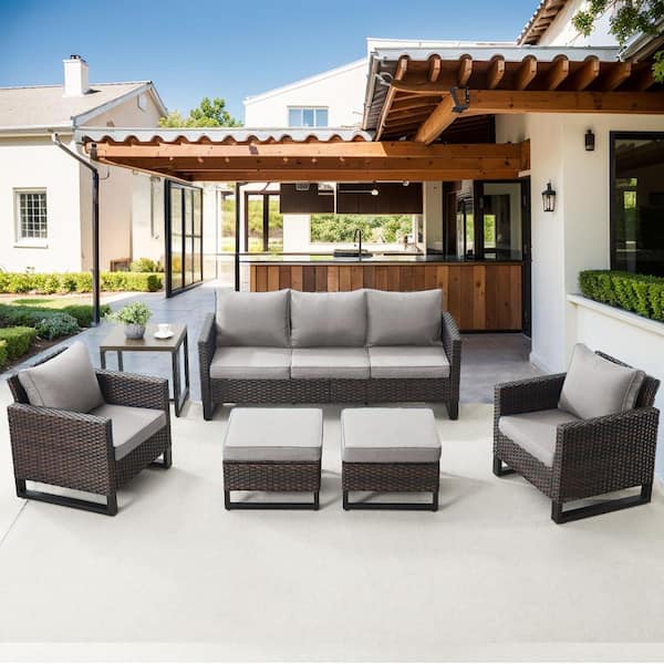 Gymojoy Valenta Brown 6-Piece Wicker Patio Conversation Seating Set with Gray Cushions