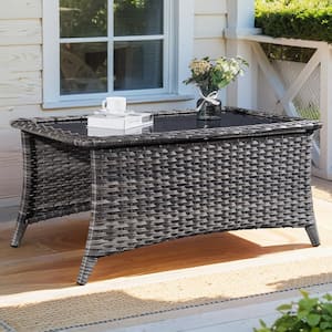Outdoor PE Wicker Rectangle Coffee Table Patio Rattan Patio Side Table Built-In Glass Top Sofa Table Gray