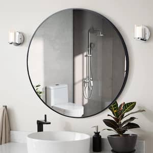 JAdore 32 in. W x 32 in. H Large Round Aluminium Alloy Framed Flat Wall Bathroom Vanity Mirror in Matte Black