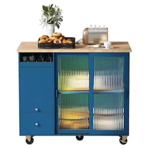 Navy Blue Wood 44 in. Kitchen Island with Adjustable Shelf, Fluted Glass-Doors