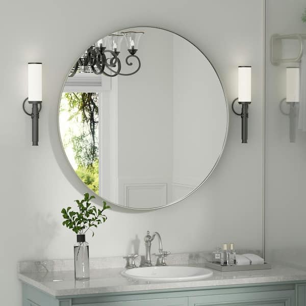 PAIHOME 24 in. W x 24 in. H Medium Round Mirror Metal Framed Wall Mirrors Bathroom Vanity Mirror Decorative Mirror in Silver