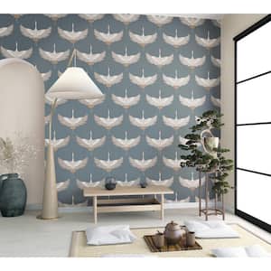 Kumano Collection Blue Textured Flying Storks Pearlescent Finish Non-Pasted Vinyl on Non-Woven Wallpaper Roll