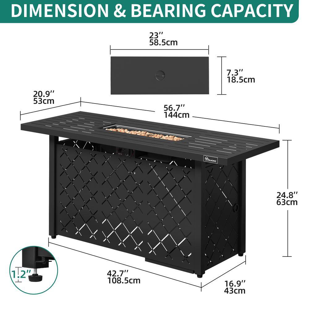 57-Inch Black Iron Gas Fire Pit Table with Lava Rocks
