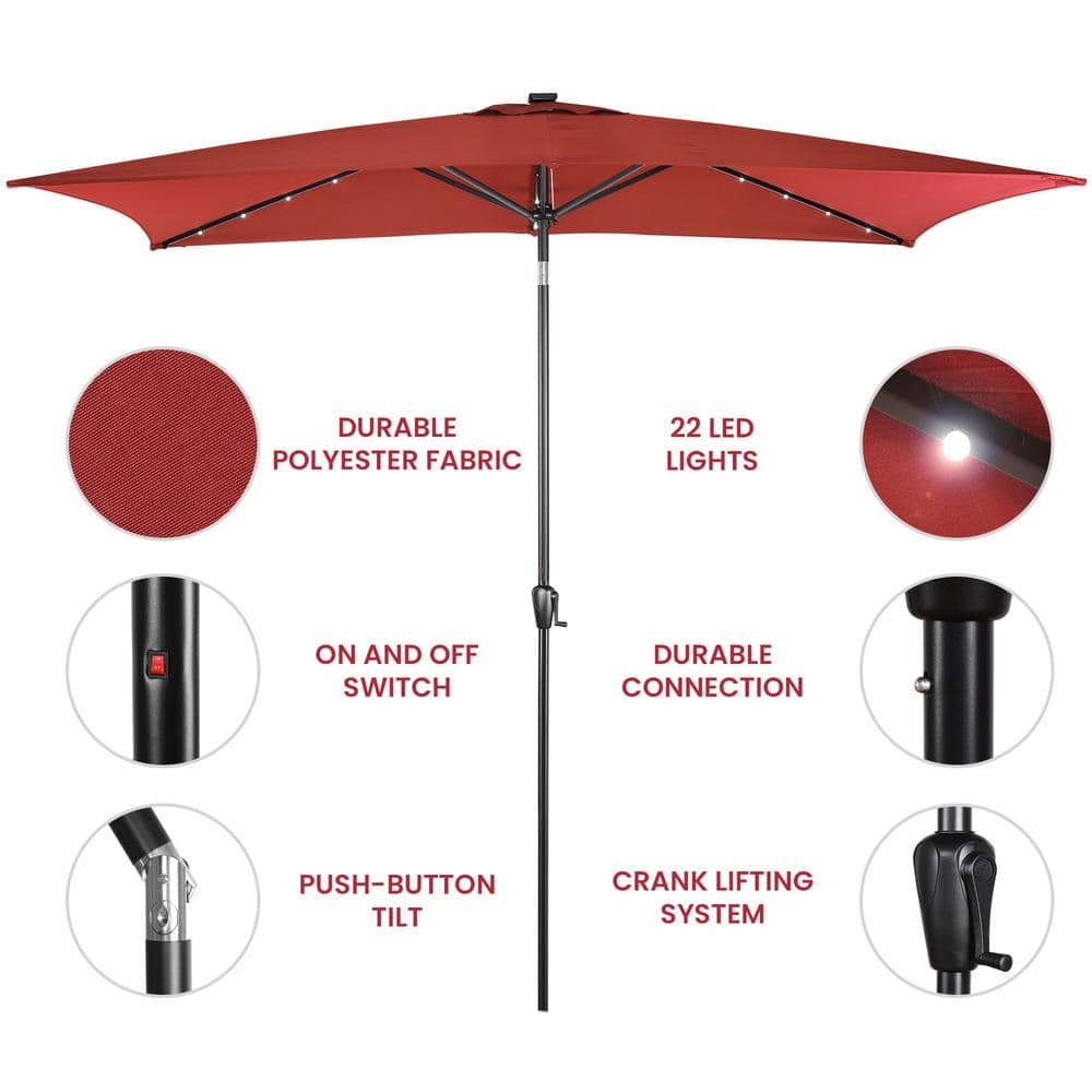 Burgundy Rectangular Solar LED Patio Umbrella with Steel Frame