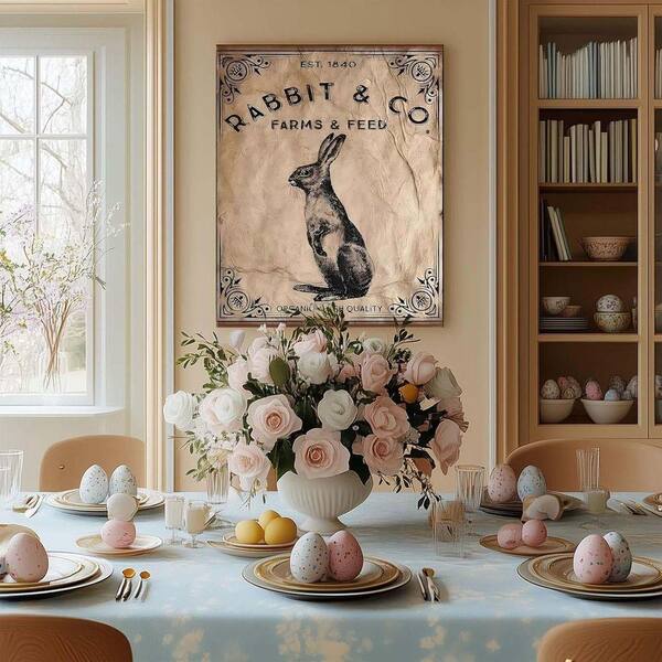 Easter Canvas Wall Art, Vintage Rabbit Farm Pictures Print Framed