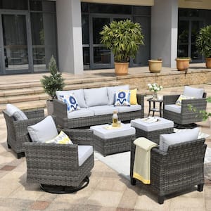 Neptune Gray 8-Piece Wicker Patio Conversation Seating Sofa Set with Gray Cushions and Swivel Rocking Chairs