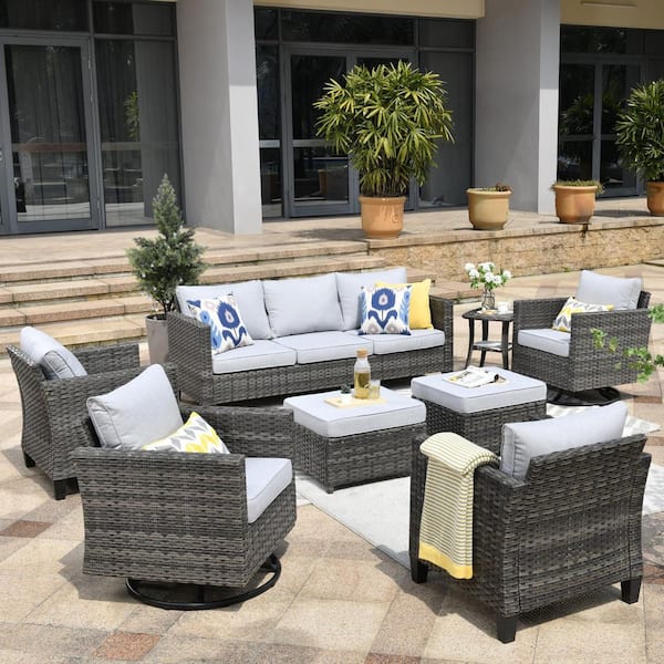 XIZZI Neptune Gray 8-Piece Wicker Patio Conversation Seating Sofa Set with Gray Cushions and Swivel Rocking Chairs
