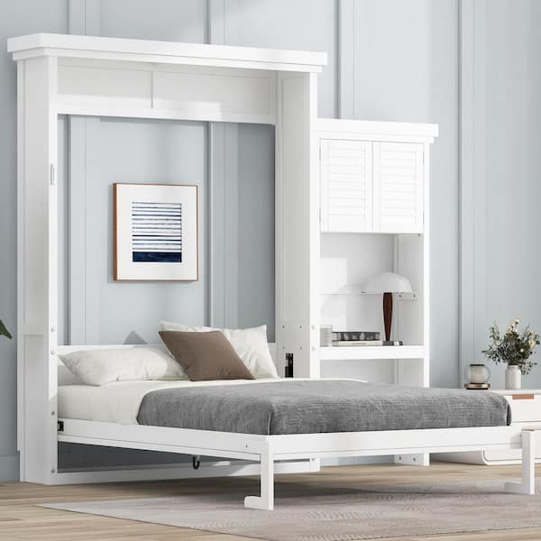 White Frame Queen Size Murphy Bed with Multiple Storage Shelves and Louvered Style Decoration