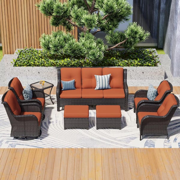 JOYSIDE 8-Piece Wicker Outdoor Patio Conversation Set with Orange Cushions and Swivel Rocking Chairs