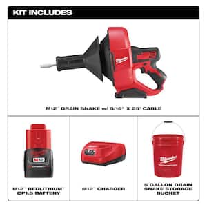 M12 12V Lithium-Ion Cordless Auger Snake Drain Cleaning Kit W/1/4 IN. X 25 FT. Inner Core Drop Head