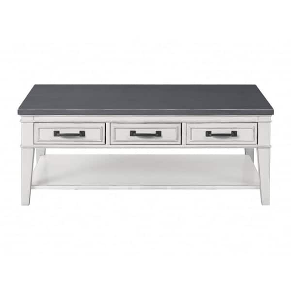 HomeRoots Amelia 26 in. Antique White and Grey Rectangle MDF Coffee Table with Solid Wood, Shelves, Storage