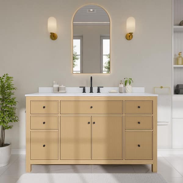 Pendry 60 in. Single Freestanding Tanned Oak Bath Vanity with White Cultured Marble Top Assembled