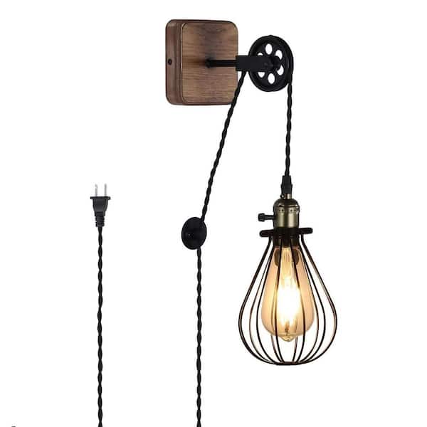 Zompoo 4.7 in. 1-Light Plug in Adjustable Height Industrial Wood Base Wall Sconce Fixture/Toggle Switch and Black Cage Shade
