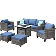 Megon Holly 6-Piece Wicker Outdoor Patio Fire Pit Seating Sofa Set with Denim Blue Cushions