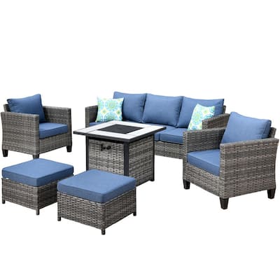 Megon Holly 6-Piece Wicker Outdoor Patio Fire Pit Seating Sofa Set with Denim Blue Cushions