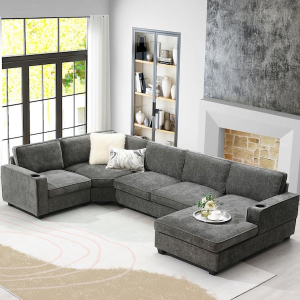 117.5 in. Chenille U-Shaped Sectional Sofa with Cup Holders,Chaise Lounge, Irregular Corner in Gray