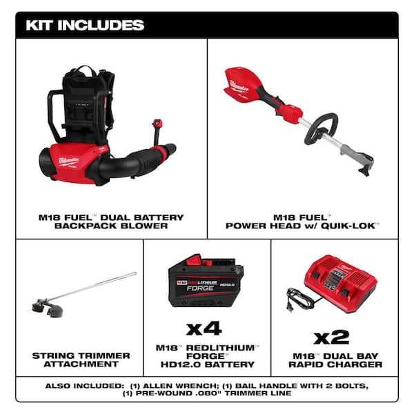 M18 FUEL 18V Brushless Cordless Dual Battery Backpack Blower Kit w/ M18 16 in Trimmer, (4) 12.0 Batteries, (2) Chargers