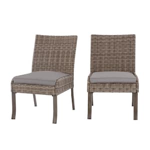 Windsor Brown Wicker Outdoor Patio Stationary Armless Dining Chair with CushionGuard Stone Gray Cushions (2-Pack)