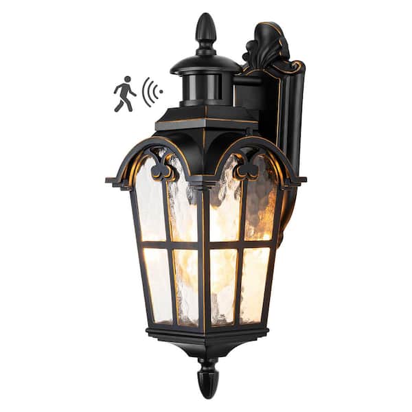 DEWENWILS 16.8 in. Black Motion Sensing Dusk to Dawn Outdoor Hardwired Wall Lantern Scone with No Bulbs Included