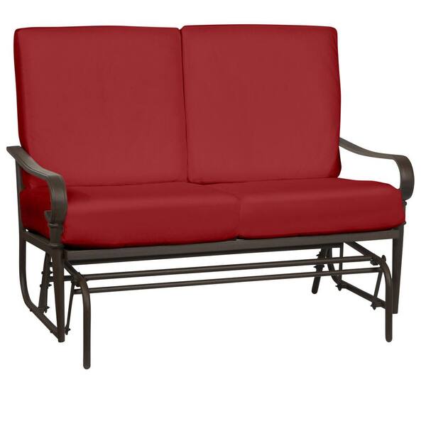 Hampton Bay Oak Cliff Brown Steel Outdoor Patio Glider with CushionGuard Chili Red Cushions