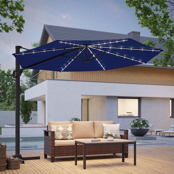 10 ft. Solar-powered Cantilever Patio Umbrella with 360° Rotation and Canopy Angle Adjustment in Navy Blue