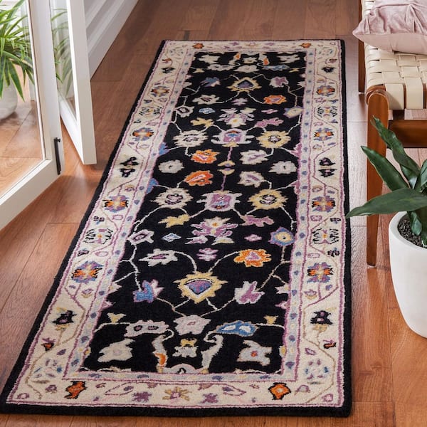 Anatolia 2 ft. x 8 ft. Black/Ivory Traditional Floral Runner Rug