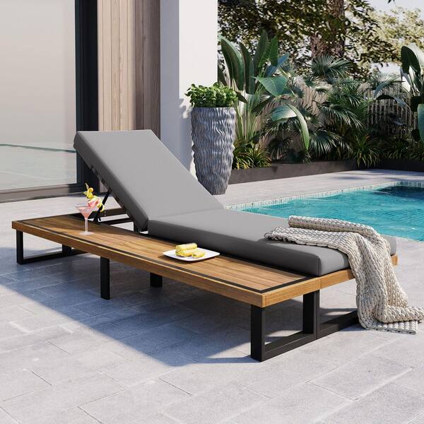 Wood Outdoor Patio Chaise Lounge Chair Reclining with Grey Cushion