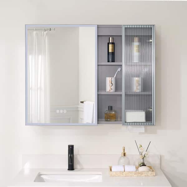WELLFOR 36 in. W x 28 in. H Rectangular Dimmable Anti-fog LED Wood Surface Mount Medicine Cabinet with Mirror in Gray