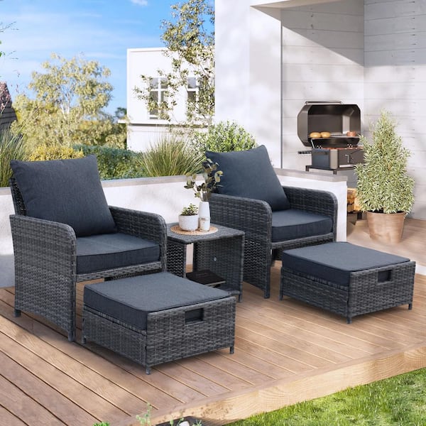 Unbranded 5-piece wicker outdoor patio conversation furniture set with footstool and coffee table for poolside, garden, balcony