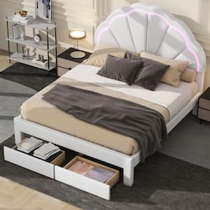 White Wood Frame Full Size PU Leather Upholstered Platform Bed with Seashell LED Lighted Headboard, 2-Drawer