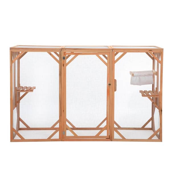 cenadinz Large Cat Cage, Wooden Cat Catio Enclosure with Solar Flat Roof, Platforms, Sisal Rope Pedals, Hammock, Door